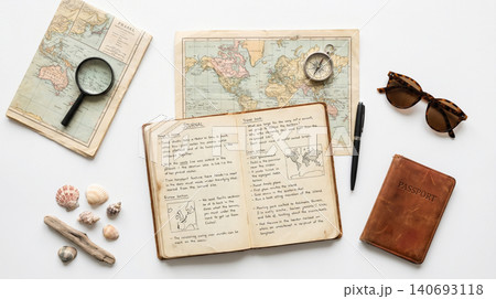 Vintage travel adventure items featuring maps journal compass and magnifying glass adventure exploration magnifying vacation planning navigation notebook eyeglasses seashells research Vintage travel adventure items featuring maps journal compass and magnifying glass adventure exploration magnifying vacation planning navigation notebook eyeglasses seashells research 140693118