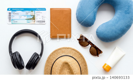 Travel essentials flat lay with passport headphones and neck pillow passport headphones sunglasses sunscreen vacation accessories essentials departure preparation planning traveling Travel essentials flat lay with passport headphones and neck pillow passport headphones sunglasses sunscreen vacation accessories essentials departure preparation planning traveling 140693133