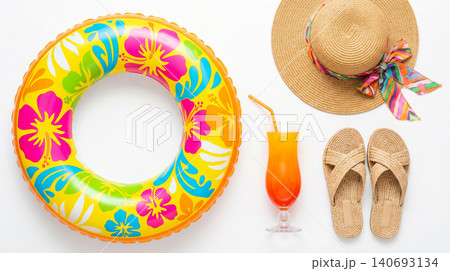 Summer vacation concept with inflatable ring and tropical drink vacation cocktail tropical refreshment colorful lifestyle accessory clothing footwear inflatable relaxation seasonal 140693134
