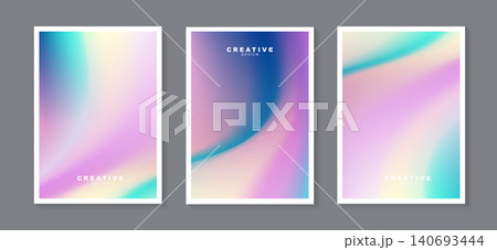 Abstract fluid holographic gradient cover template set. Vibrant neon colorful wavy mesh layout for modern poster, business brochure, creative presentation, technology flyer and annual report. Abstract fluid holographic gradient cover template set. Vibrant neon colorful wavy mesh layout for modern poster, business brochure, creative presentation, technology flyer and annual report. 140693444