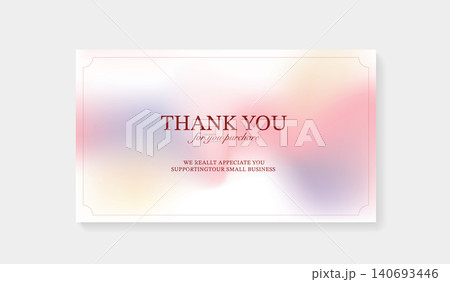Thank you for your purchase card template with elegant thin frame. Minimalist small business appreciation greeting mockup on soft pink pastel aura fluid gradient background for online shopping. 140693446