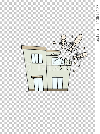 シロアリたちに食べられてボロボロに崩壊していくマイホームの可愛いイラスト（家屋被害・害虫・手書き風） 140693577