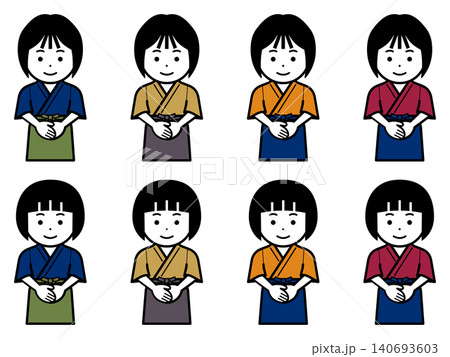 手を前で合わせる作務衣に前掛けの女性のアイコン 手を前で合わせる作務衣に前掛けの女性のアイコン 140693603