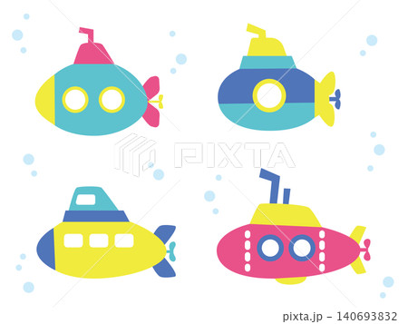 カラフルでかわいい潜水艦のイラストセット、線なしカラー カラフルでかわいい潜水艦のイラストセット、線なしカラー 140693832