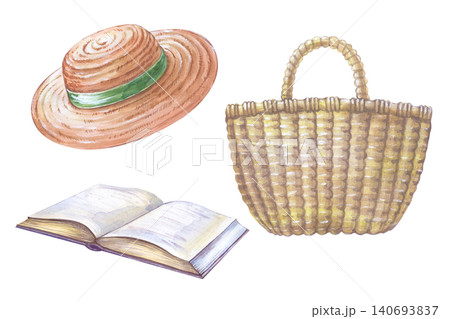 Hand-drawn watercolor summer vacation accessories set on a isolated background. For summer designs, stickers, and cards 140693837