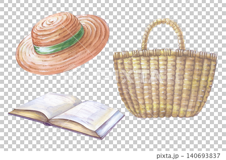 Hand-drawn watercolor summer vacation accessories set on a isolated background. For summer designs, stickers, and cards 140693837