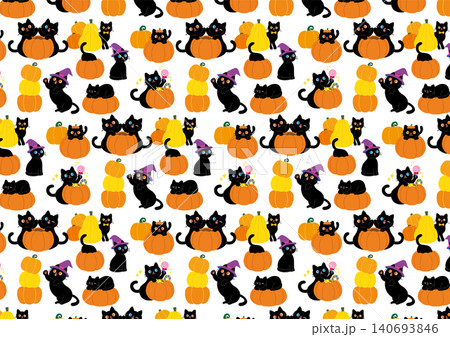 ハロウィンの黒猫とかぼちゃのかわいいシームレスパターン 140693846