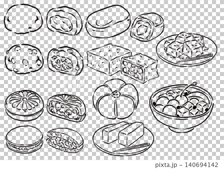 一組10個日式點心，帶有水墨筆觸插圖 140694142