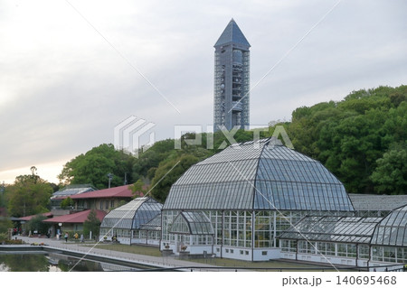 背後の森と調和する温室(東山動植物園 愛知県名古屋市) 背後の森と調和する温室(東山動植物園 愛知県名古屋市) 140695468