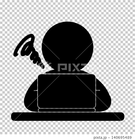 A pictogram of a person working on a computer while worrying. 140695489