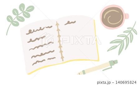 開いたノートとコーヒーでアイデアを練る時間の手描きイラスト 140695824