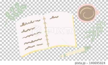 開いたノートとコーヒーでアイデアを練る時間の手描きイラスト 140695824
