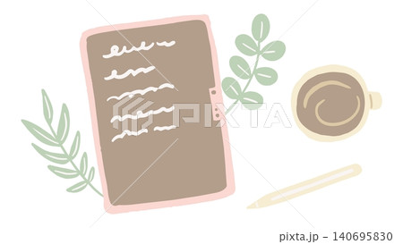 タブレットとコーヒーのあるデスクワークの手描きイラスト 140695830