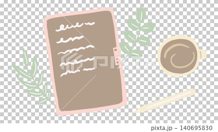 A hand-drawn illustration of someone working at a desk with a tablet and coffee. A hand-drawn illustration of someone working at a desk with a tablet and coffee. 140695830