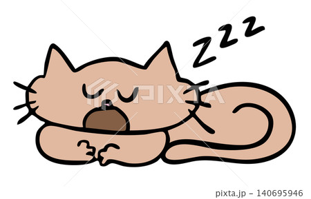 Hand drawn sleeping cat for decoration, kitten cartoon, characters, comic, mascot, stickers, tattoo, pet shop, vet, animal, foster home, house, yard, brooch, pin, sleeping time, good night, weekends 140695946