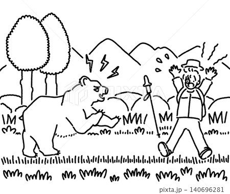 山の道で熊と遭遇して驚いている男性の白黒イラスト 山の道で熊と遭遇して驚いている男性の白黒イラスト 140696281