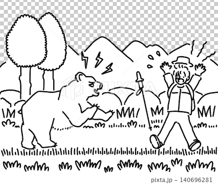 山の道で熊と遭遇して驚いている男性の白黒イラスト 山の道で熊と遭遇して驚いている男性の白黒イラスト 140696281