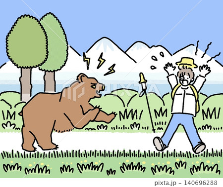 山の道で熊と遭遇して驚いている男性のカラーイラスト 山の道で熊と遭遇して驚いている男性のカラーイラスト 140696288