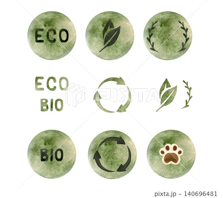 Eco symbols green set. Watercolor icons, round labels for eco-friendly product packaging 140696481