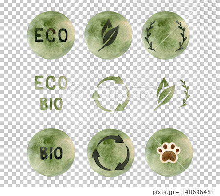 Eco symbols green set. Watercolor icons, round labels for eco-friendly product packaging 140696481