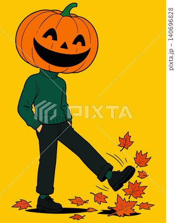 Jack-o'-lantern kicking autumn leaves 140696828