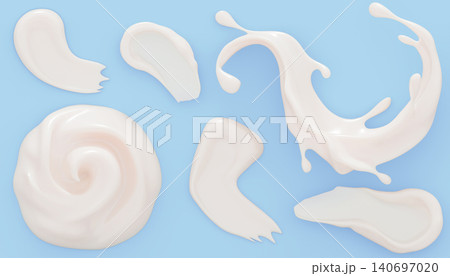 White cosmetic gel smear samples on blue 3d background. Cream swirl texture, top view. Milk lotion wave swatch with drops. Skin care product strokes, shampoo or conditioner splashes. 3D illustration White cosmetic gel smear samples on blue 3d background. Cream swirl texture, top view. Milk lotion wave swatch with drops. Skin care product strokes, shampoo or conditioner splashes. 3D illustration 140697020