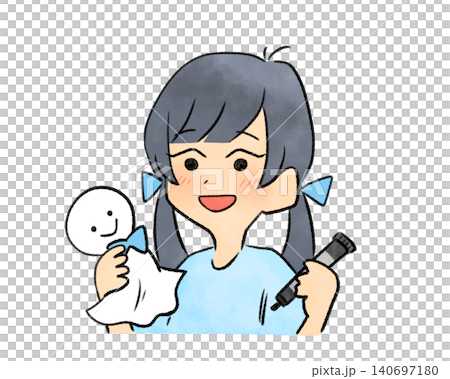一個綁著雙馬尾的女孩正在製作晴天娃娃——水彩手繪風格 140697180