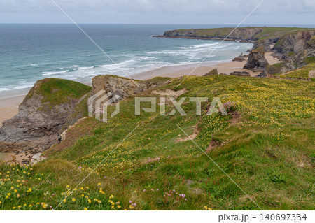 The bedruthan steps in Cornwall, england The bedruthan steps in Cornwall, england 140697334