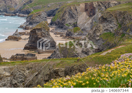The bedruthan steps in Cornwall, england The bedruthan steps in Cornwall, england 140697344
