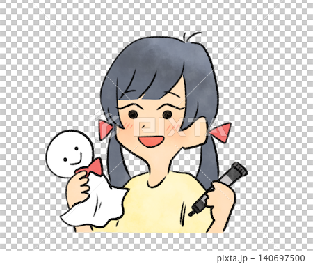 A girl with pigtails making a teru teru bozu (weather doll) - watercolor, hand-drawn style A girl with pigtails making a teru teru bozu (weather doll) - watercolor, hand-drawn style 140697500