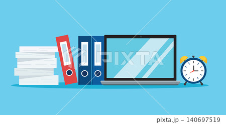 Office Desk with Laptop Binders Paper Stack and Alarm Clock Office Desk with Laptop Binders Paper Stack and Alarm Clock 140697519