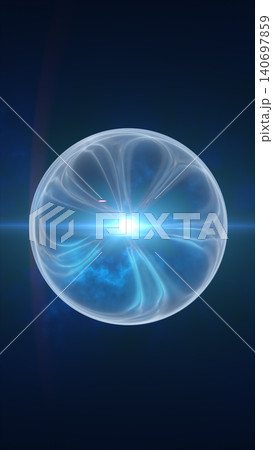 Glowing blue energy sphere with luminous internal light curves on a dark cosmic background. 140697859
