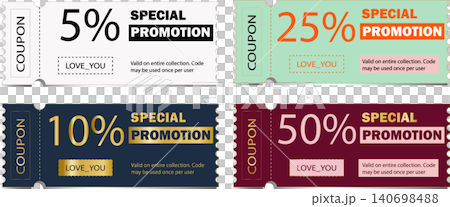 Vector set of special promotion discount coupons templates with percentage numbers Vector set of special promotion discount coupons templates with percentage numbers 140698488