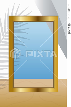 Vector aesthetic presentation background with golden rectangle mirror frame and palm tree shadow Vector aesthetic presentation background with golden rectangle mirror frame and palm tree shadow 140698493