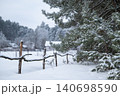 Rural landscape of winter in countryside. Old fence made of logs near pine trees with houses on the background 140698590