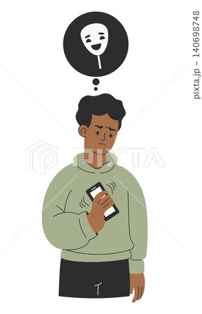 Neurodiversity. Exhausted Black Man After Social Masking. Mental Health and Autistic Burnout Concept. Tired Character with Mask Symbol in Thought Bubble. Minimalist Vector Illustration 140698748