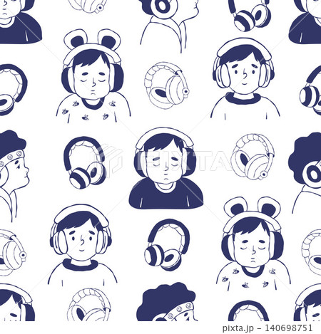 Autism Sensory Kids Headphones Seamless Pattern. Blue Outline Hand Drawn of Children in Noise Cancelling Headset on White Background. Vector Illustration for Textile, Wallpaper and Fabric Template 140698751