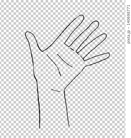 一隻手的插圖，手掌以自然角度張開（黑色線條畫）。 140698771
