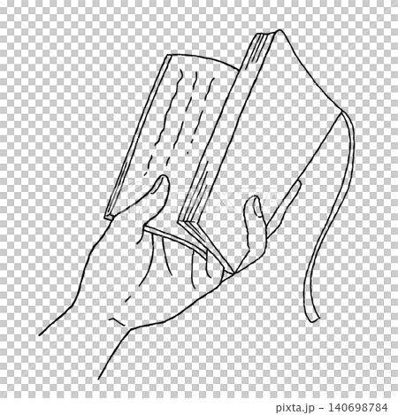 An illustration of a hand reading a book, specifically opening a paperback (black line drawing). An illustration of a hand reading a book, specifically opening a paperback (black line drawing). 140698784