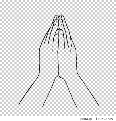 An illustration of a person in a praying pose with their palms together (black line drawing). 140698789