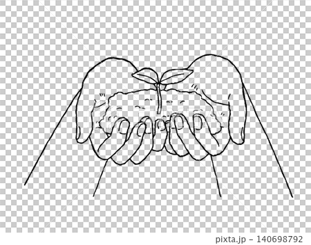 An illustration of soil and plant sprouts held in the palms of both hands (black line drawing). An illustration of soil and plant sprouts held in the palms of both hands (black line drawing). 140698792