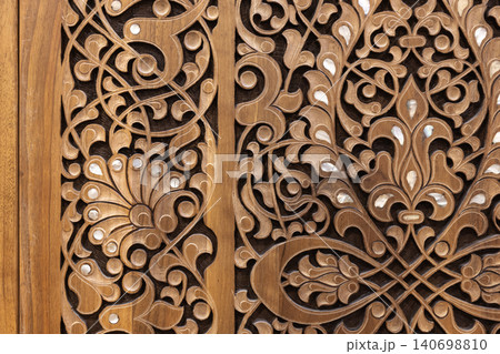 Wooden panel, floral carving with mother-of-pearl inlay 140698810