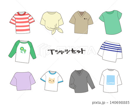 10種類のTシャツイラストセット　丸襟・Vネック・七分袖など  140698885