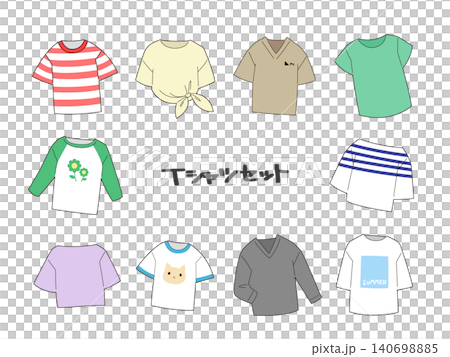 10種類のTシャツイラストセット　丸襟・Vネック・七分袖など  140698885