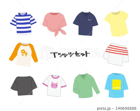 10種類のTシャツイラストセット　丸襟・Vネック・七分袖など  140698886