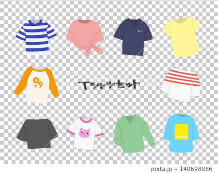 10種類のTシャツイラストセット　丸襟・Vネック・七分袖など  140698886