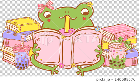 Cute Frog Bookish Reading a Book with Boba Tea Whimsical Hand Drawn Cute Frog Bookish Reading a Book with Boba Tea Whimsical Hand Drawn 140699570