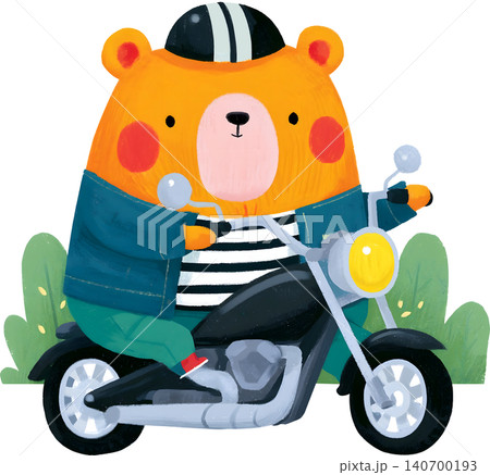 Cute Bear Riding Blue Chopper Motorcycle Illustration 140700193