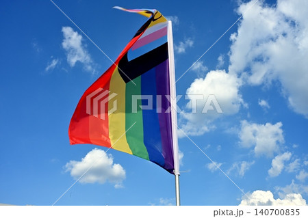 Budapest, Hungary - June 20, 2026 Progress Pride Flag in Wind 140700835