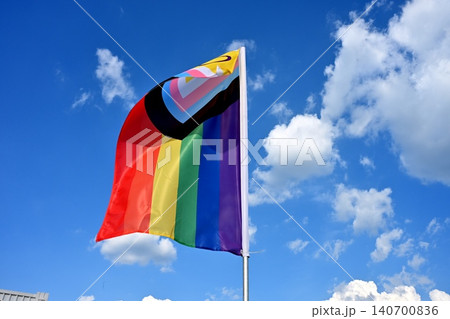 Budapest, Hungary - June 20, 2026 Progress Pride Flag Under Blue Sky 140700836